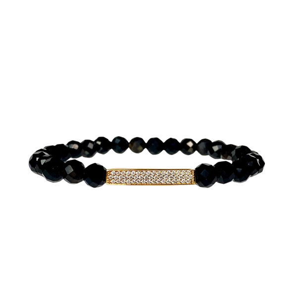 MINI CRYSTAL BAR ON BLACK ONYX ELASTIC BRACELET
