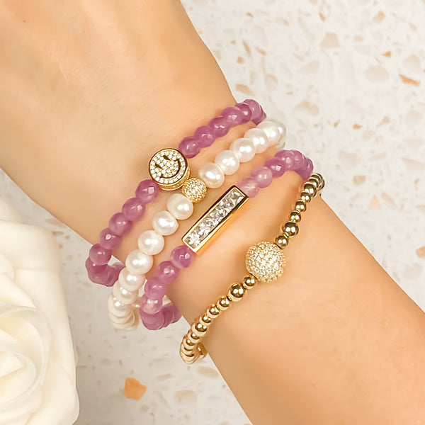 SMILEY FACE ON ROSE VIOLET JADE ELASTIC BRACELET
