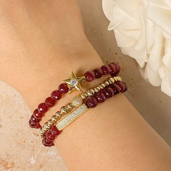 MINI CRYSTAL BAR ON POMEGRANATE JADE ELASTIC BRACELET