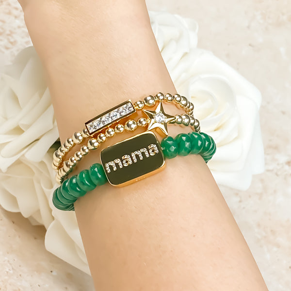 MAMA ON EMERALD GREEN JADE ELASTIC BRACELET