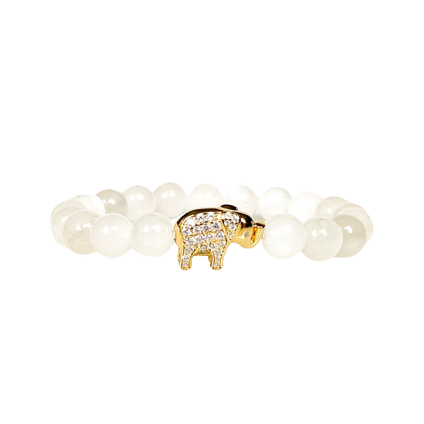 ELEPHANT ON WHITE MOONSTONE ELASTIC BRACELET
