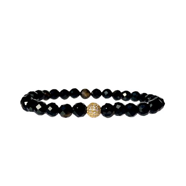 MINI CRYSTAL BALL ON BLACK ONYX ELASTIC BRACELET
