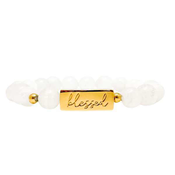 BLESSED ON WHITE MOONSTONE ELASTIC BRACELET