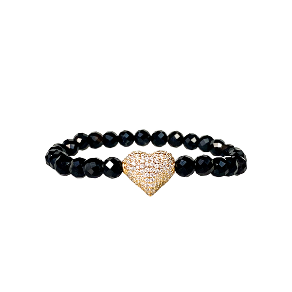 BIG HEART ON BLACK ONYX ELASTIC BRACELET
