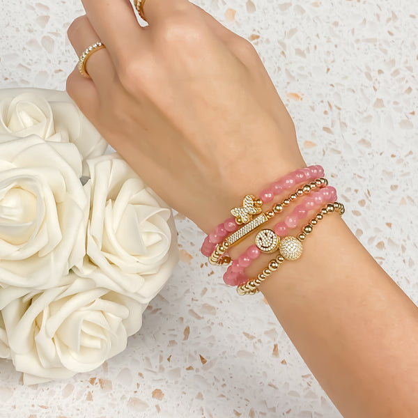 SMILEY FACE ON PINK LEMONADE JADE ELASTIC BRACELET