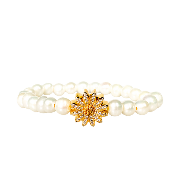 DAISY ON WHITE PEARL ELASTIC BRACELET