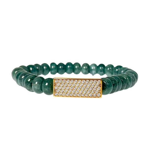 CRYSTAL BAR ON LAUREL GREEN JADE ELASTIC BRACELET