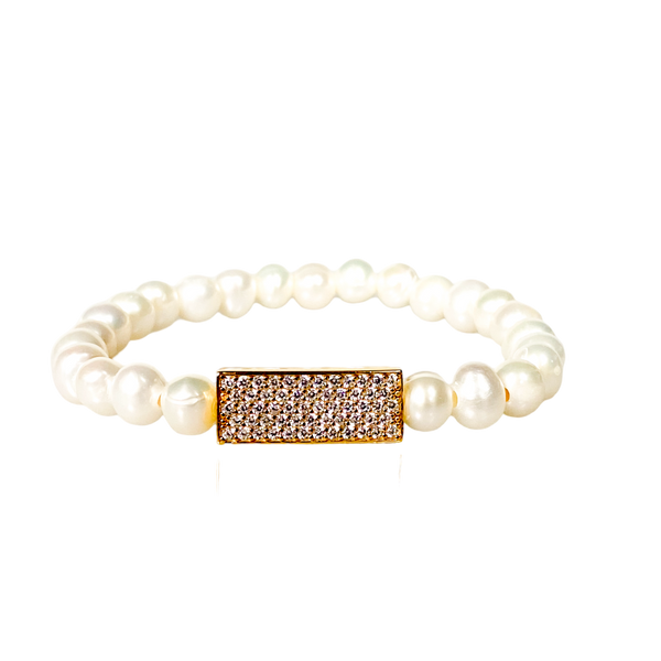 CYRSTAL BAR ON WHITE PEARL ELASTIC BRACELET