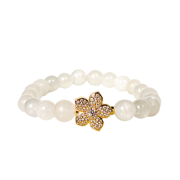 HIBISCUS ON WHITE MOONSTONE ELASTIC BRACELET