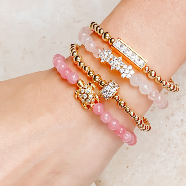 TURTLE ON PINK LEMONADE JADE ELASTIC BRACELET
