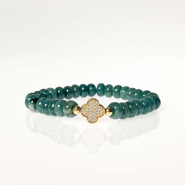CLOVER ON LAUREL GREEN JADE ELASTIC BRACELET
