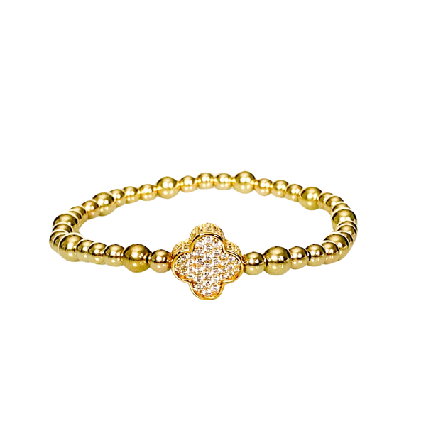 CLOVER ON GOLD FILLED BEADS ELASTIC BRACELET