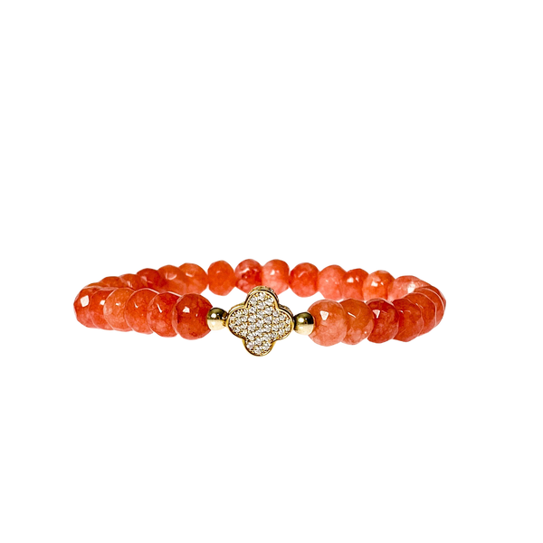 CLOVER ON PAPAYA JADE ELASTIC BRACELET
