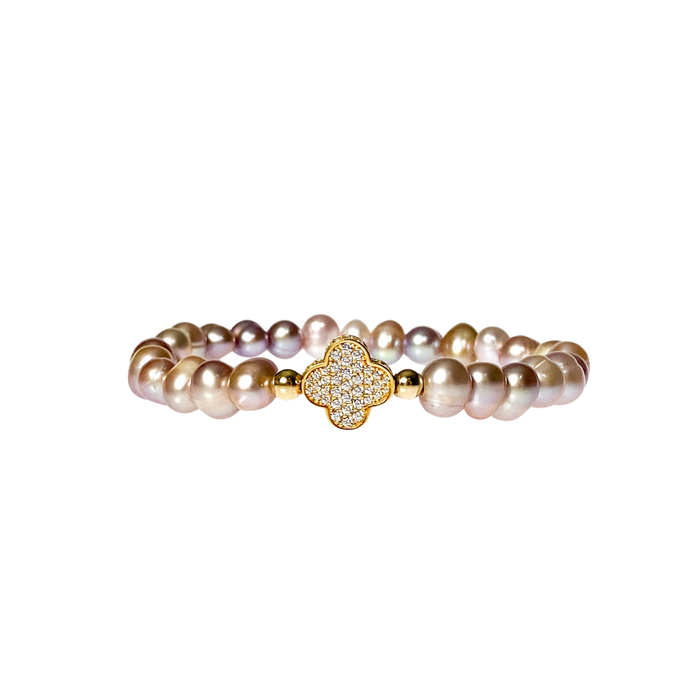 CLOVER ON PURPLE PEARL ELASTIC BRACELET