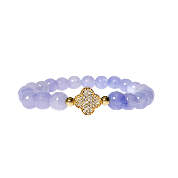 CLOVER ON PURPLE ROSE JADE ELASTIC BRACELET