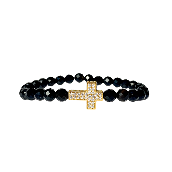 CROSS ON BLACK ONYX ELASTIC BRACELET