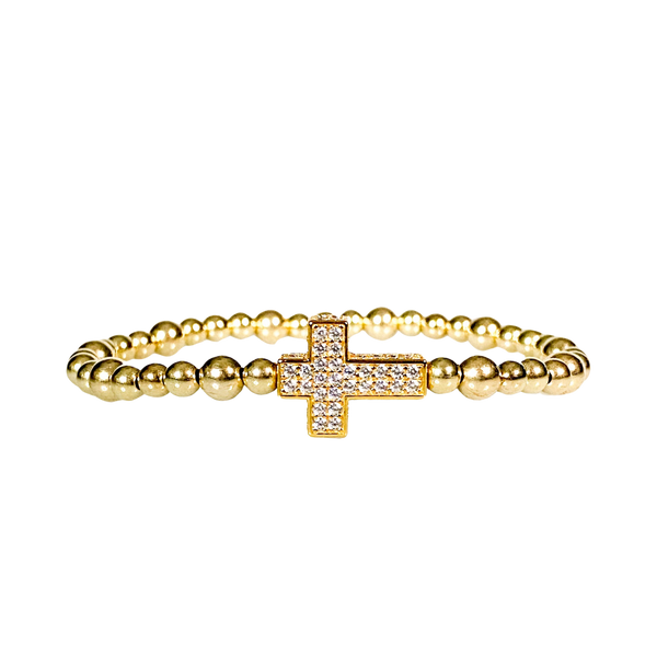 CROSS ON GOLD FILLED BEADS ELASTIC BRACELET