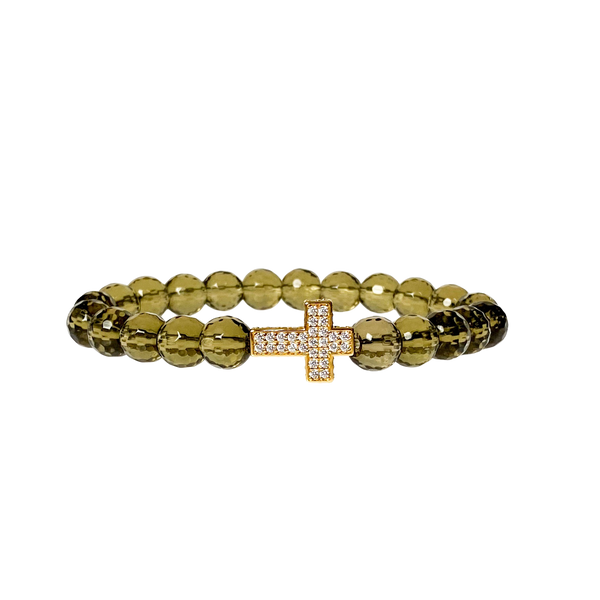 CROSS ON SMOKY QUARTZ ELASTIC BRACELET