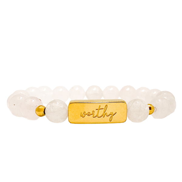 WORTHY ON ROSE QUARTZ ELASTIC BRACELET
