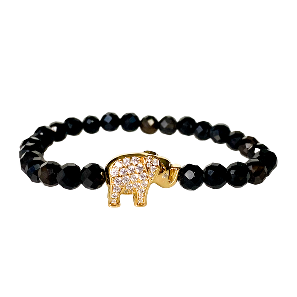 ELEPHANT ON BLACK ONYX ELASTIC BRACELET