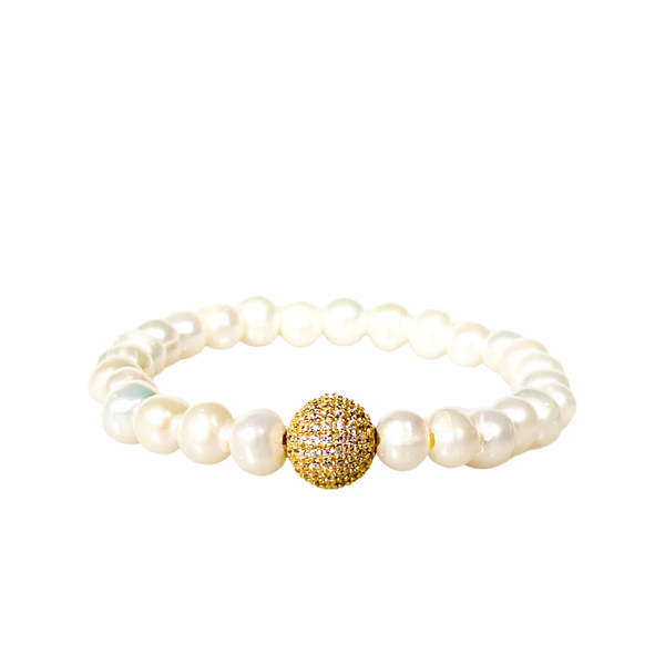 CRYSTAL BALL ON WHITE PEARL ELASTIC BRACELET