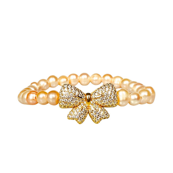 RIBBON ON PEACH PEARL ELASTIC BRACELET