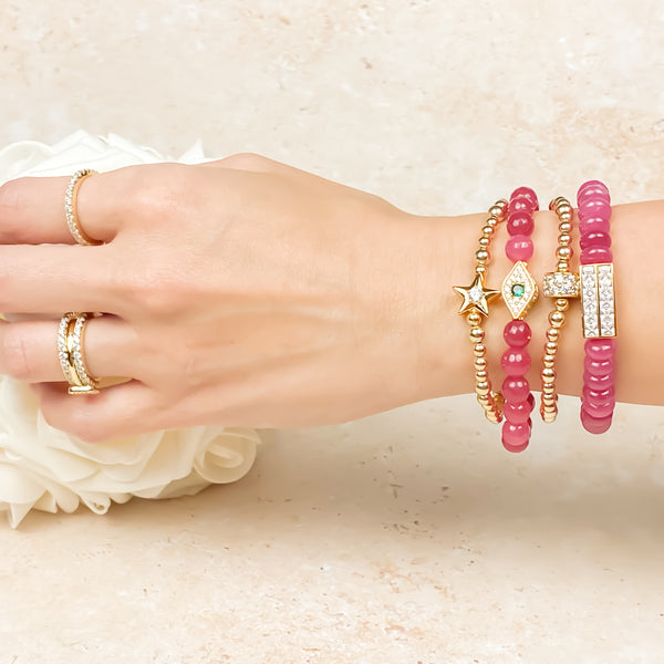 EVIL EYE ON BEETROOT JADE ELASTIC BRACELET