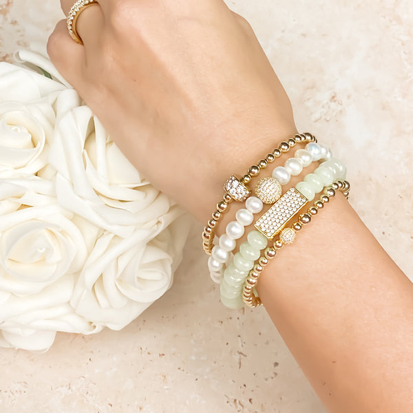 CRYSTAL BAR ON PALE LIME JADE ELASTIC BRACELET