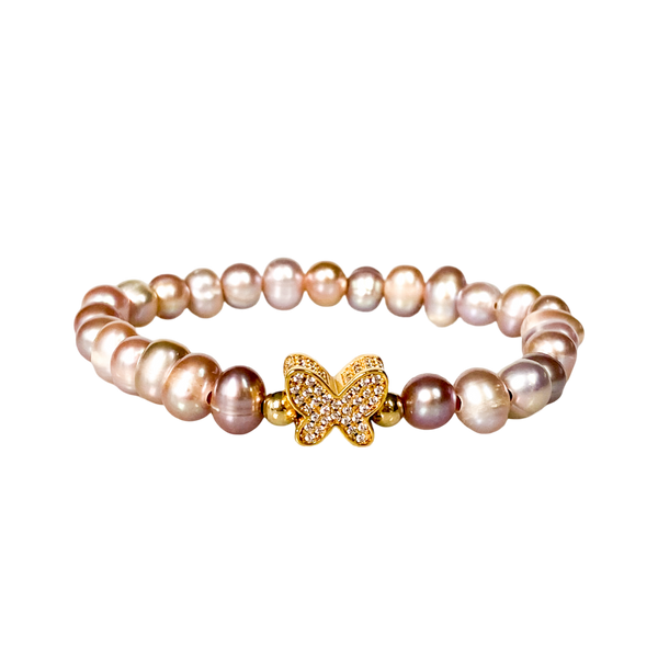BUTTERFLY ON PURPLE PEARL ELASTIC BRACELET