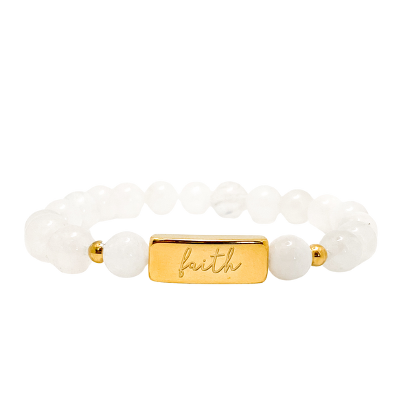 FAITH ON WHITE MOOSNTONE ELASTIC BRACELET