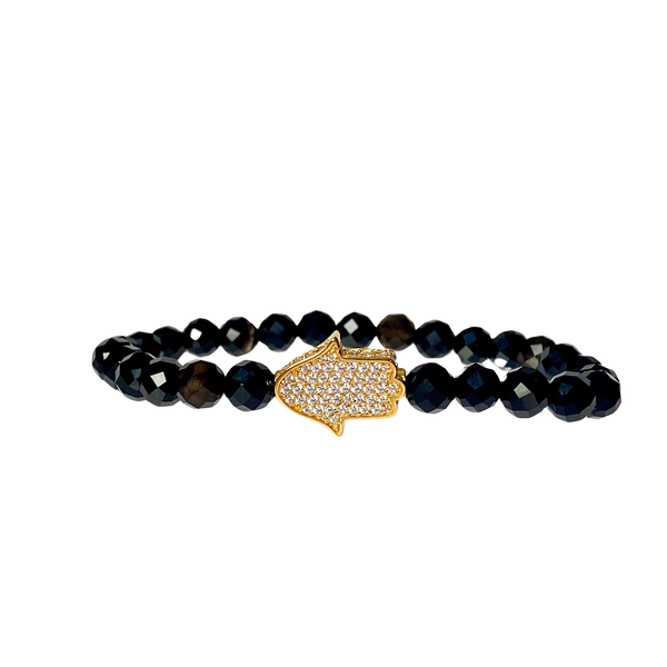 HAMSA ON BLACK ONYX ELASTIC BRACELET