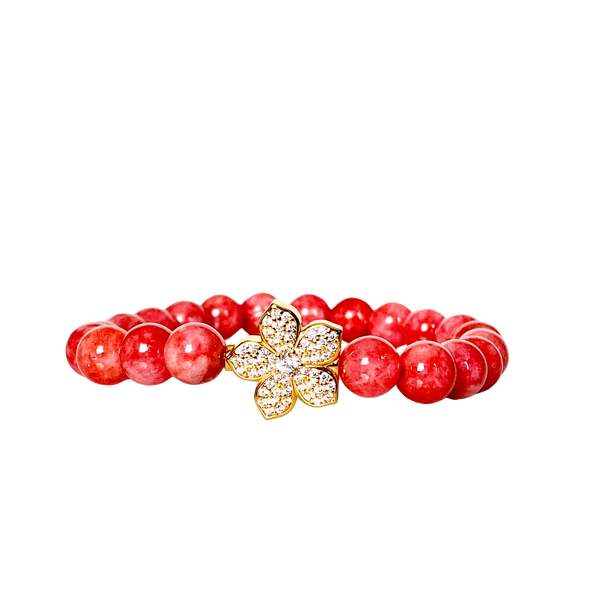 HIBISCUS ON PERSIAN PINK JADE ELASTIC BRACELET