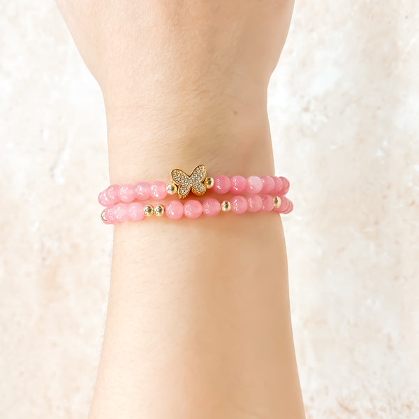 BUTTERFLY ON PINK LEMONADE JADE ELASTIC BRACELET