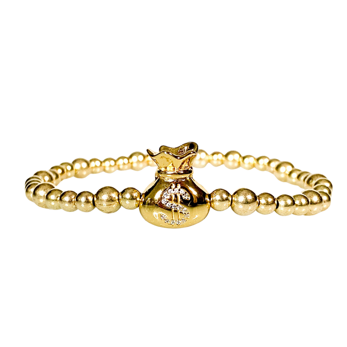 MONEY BAG ON GOLD FILLED BEADS ELASTIC BRACELET