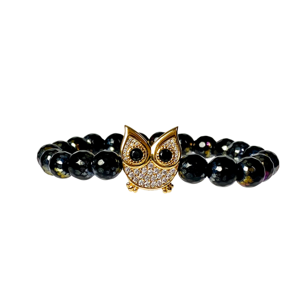 OWL ON BLACK GALA AGATE ELASTIC BRACELET