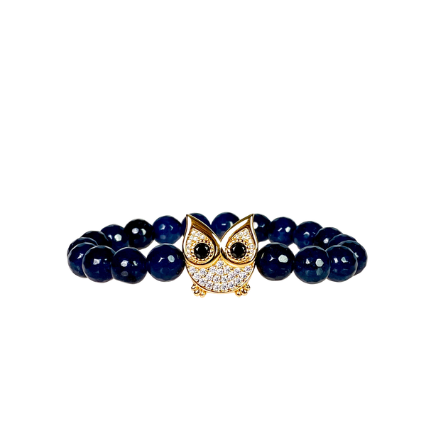 OWL ON NAVY JADE ELASTIC BRACELET