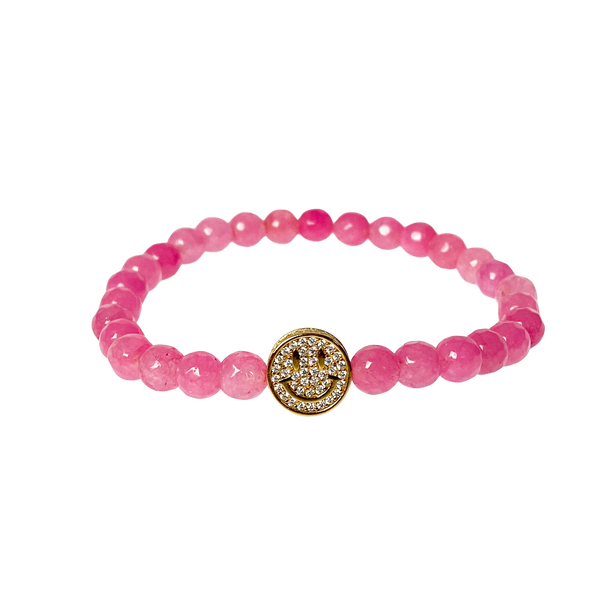SMILEY FACE ON PINK LEMONADE JADE ELASTIC BRACELET