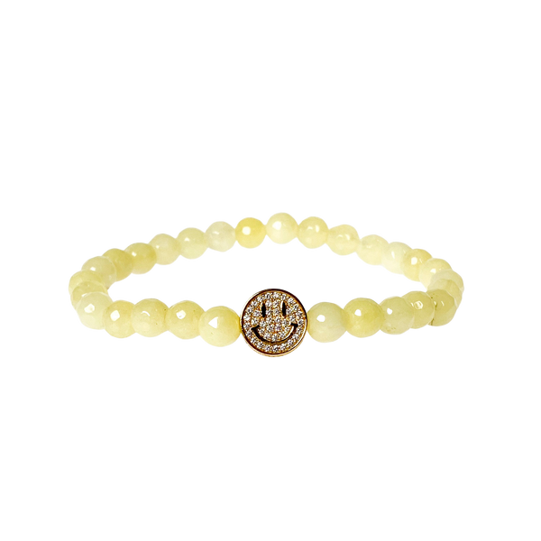 SMILEY FACE ON YELLOW CREAM JADE ELASTIC BRACELET