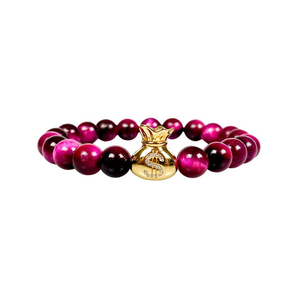 MONEY BAG ON MAGENTA TIGER EYE ELASTIC BRACELET