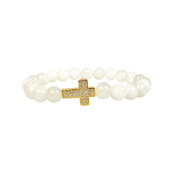 CROSS ON WHITE MOONSTONE ELASTIC BRACELET