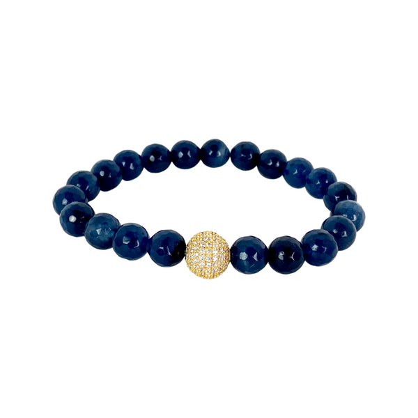 CRYSTAL BALL ON NAVY JADE ELASTIC BRACELET