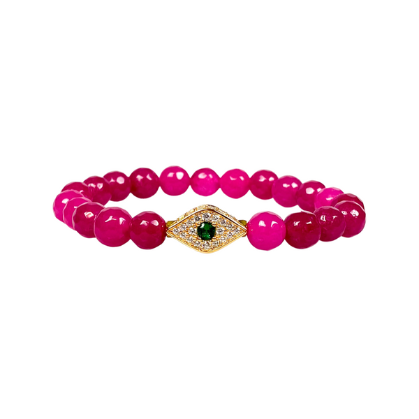EVIL EYE ON BEETROOT JADE ELASTIC BRACELET